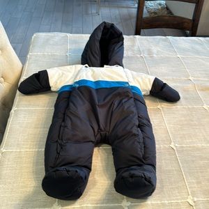 Jacadi 3 month infant snowsuit. Navy with blue and white stripes.